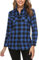 Totatuit Flannel Checked Shirts Womens Classic Long Sleeve Plaid Shirt Blouse V Neck Button Down Ladies Checked Shirt with Pocket Deep Blue