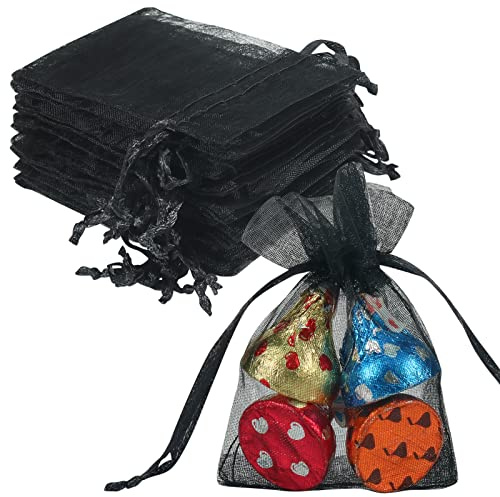 HRX Package Small Gift Bags, 100pcs Black Organza Mini Lavender Drawstring Mesh Pouches (5x8cm) for Jewellery Wedding Favours