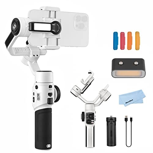 ZHIYUN Smooth 5S White Gimbal Stabilizer for Smartphone iPhone 14 13 12 11 SE SR X 8 Pro Max Plus Samsung Android for YouTube Tiktok Vlogging Smooth 5 Phone Gimbal Upgraded+1PCS Mini LED Light