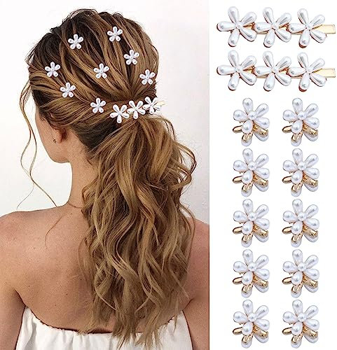 12 Pcs Mini Pince à Cheveux Perle, Mini Pince à Cheveux en Forme de Fleur avec Perles, Barrette Perle Clips de Griffe en Métal Accessoires pour Cheveux Femme Fille