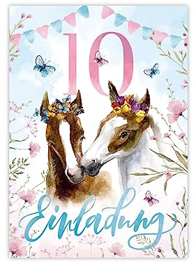 Minkocards 12 Einladungskarten zum 10. Kindergeburtstag Mädchen Pferde Einladung zehnte Geburtstag Kinder bunte Geburtstagseinladungen
