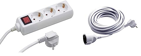 Meister Steckdosenleiste 3-fach - 3 m Kabel - weiß - Kunststoffleitung - IP20 Innenbereich - Schalter / Tido 3-fach / 7430230 & Schutzkontakt-Verlängerung - 5 m Kabel - weiß - IP20 Innenbereich