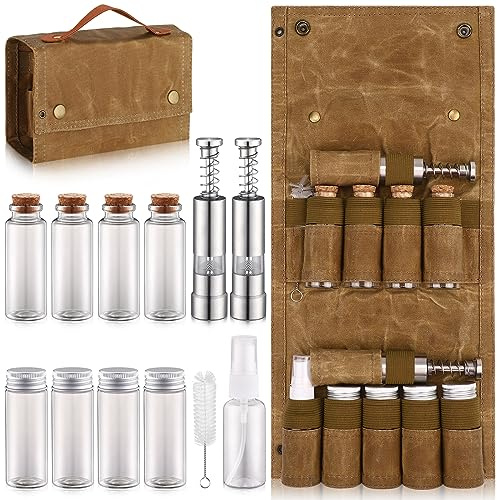 TOBWOLF Camping-Gewürz-Set mit 9 Gläsern, 2 Salz-/Pfeffermühlen, tragbarer Gewürzbeutel, faltbarer Canvas-Gewürz-Aufbewahrungstasche, Organizer, Mini-Gewürzbehälter-Set für Outdoor, Camping, Picknick,
