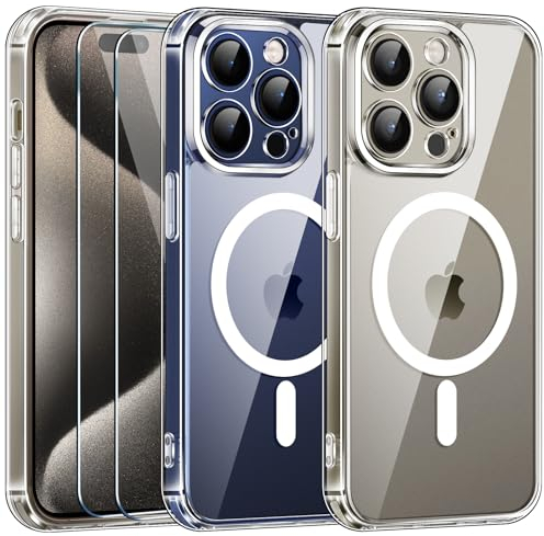 ivoler Magnetic Case Compatible with iPhone 15 Pro Max 6.7 Inches, [Compatible with MagSafe] with 2 packs Tempered Glass Screen Protector [Shockproof Military-Grade Protection] Hard Cover - Clear