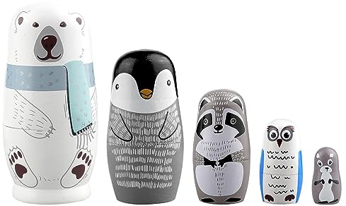 WRLCOVA Russian Nesting Dolls,Wooden Toys,Cute Russian Dolls, Polar Bear Owl Penguin Gifts Dolls, for Educational Learning Kids Toys, Christmas, Birthday Decoration (5pcs)