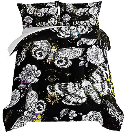 HOSIMA Todesmotte Totenkopfköpfe Twin Tröster Horror-Thema Halloween Bettwäsche, Gothic-Bettwäsche Schmetterling Bettwäsche-Set Doppelbett in einer Tasche Sets für Erwachsene Jungen Mädchen Zimmer