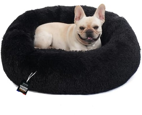 One PETS-TOP® Hundebett mittelgroße Hunde [mit waschbarem Bezug] Hundekissen, Hundekorb, Katzenbett, Hundekörbchen, Dog Bed, Langer Plüsch, 80 cm Durchmesser Schwarz