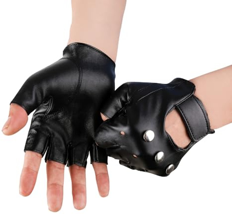 JISEN Men Fingerless Steampunk Gloves Black PU Faux Leather Biker Gloves Half Finger Punk Costume Accessories