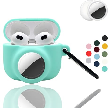 【2 in 1】CAQAKA - Cover antigraffio, anti-caduta e anti-smarrimento, compatibile con AirPods di terza generazione e AirTag, custodia in morbido silicone con moschettone, per ragazzi, ragazze, donne,