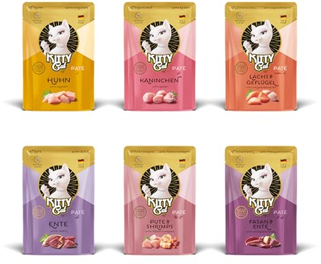KITTY Cat Paté Mix 3, 6 x 85 g, Nassfutter für Katzen im Probierpaket, getreidefreies Katzenfutter mit Taurin, Lachsöl und Grünlippmuschel, Alleinfuttermittel mit hohem Fleischanteil, Made in Germany