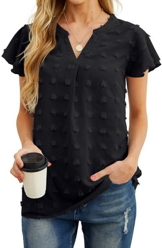 IWOLLENCE Black Ruffle Blouse Ladies Tops Size 12 Women's V Neck Cap Sleeve T-Shirt