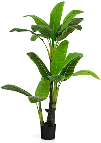 GYMAX Albero Atificiale Alto 150 cm, Albero Finto Tropicale con 18 Foglie Grandi, 3 Tronchi e Muschio Realistico, Pianta Finta Sempreverde per Interni