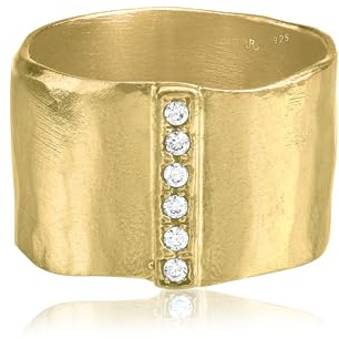 14K vergoldeter Sterling Silber Statement Ring mit 0,18 ct Zirkonia, gehämmerte breite Schiene, zarter Goldring, Schmuck Geschenk für Damen, ästhetischer Goldschmuck