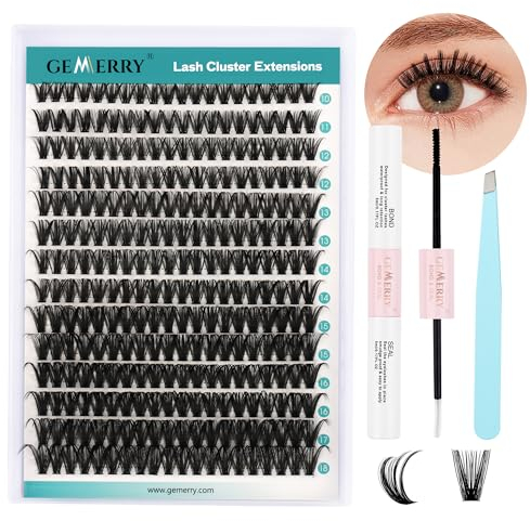 GEMERRY Einzelwimpern-Set 50D Cluster Wimpern 0.07 D Crul 10–18mm Clusters Einzelne Wimpern Wimpernkleber und Applikator DIY Cluster-Wimpernverlängerungs-Set(50-0.07D-10-18mm-Set)