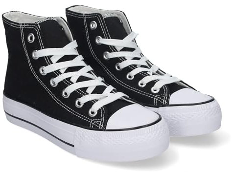 83322 Zapatilla Abotinada de Mujer, Comoda, con Material de Lona, Estilo Bamba Casual, y Cierre de Cordones Negro Talla 39