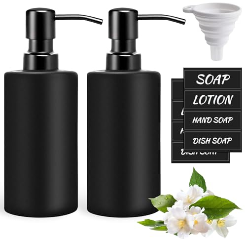 Feelhap Distributeur de Savon en Verre,2Pcs Distributeur de Savon Noir Mat 350ml Distributeur de Savon Liquide avec Pompe en Acier Inoxydable,Bouteilles de Savon pour Cuisine,Salle de Bain (Rond)