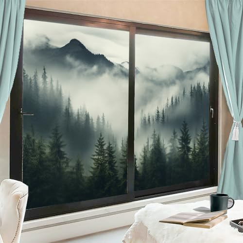 AEMYSKA Abstrakte Wald-Fensterfolie, Raumdekoration, moderne Hölzer, neblige Naturlandschaft, Buntglas-Fensterfolie, Sonnenblockierung, Hitzekontrolle, kein Kleber, Fensterabdeckung für Zuhause, Büro,