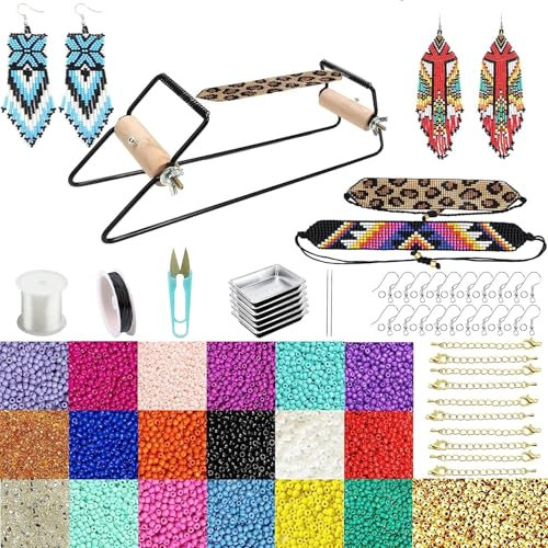 Frame Beading Loom Kit for Boho Beaded Bracelets Earrings Belts Making, Includes 16000 Glass Seed Beads(dia 3mm) and 1200 Gold/Silver Bling Beads,150 Meter Clear Cord, Beading Trays, Needles and Instr