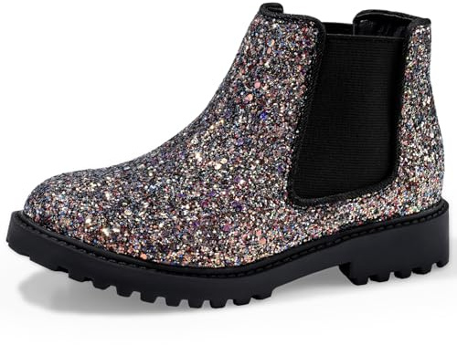Harvest Land Girls Boots Kids Ankle Boots Zipper School Shoes Elegant Big Kid Fashion Winter Boots Zip-up Short Flat Bootie for Junior/Yourth Multi-Glitter UK8