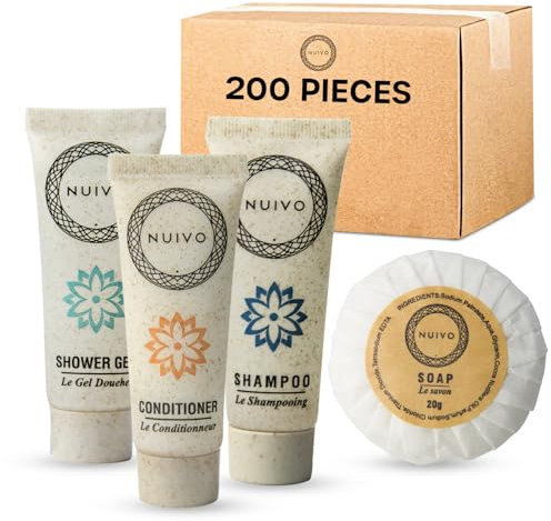 NUIVO - Pack de 200 Produits d’Accueil : Gels Douche, Shampoings, Après-Shampoings, Savons 20g - Tubes de 30ml Écoresponsables - Idéal pour Hôtels, Airbnb, Mariages, Événements
