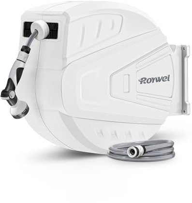 Roywel Auto Reel Garden Hose 40M,Hose Reel Wall Mounted,Auto Rewind, Self-Locking System,180° Pivotal with Multifunction Spray Nozzle