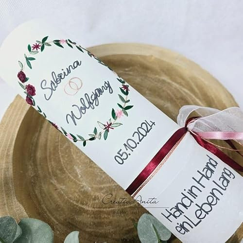 Hochzeitskerze Rustik weiß - Blätterkranz - mit zarten Rosen und Blümchen, bordeaux-altrosa-roségold - mit oder ohne Teelichteinsatz