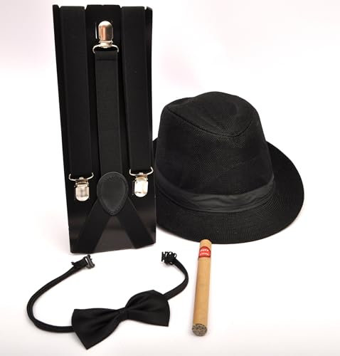 Ciao Gangster 1920s Verkleidungsset Kit Mann (Hut, Hosenträger, Fliege, gefälschte Zigarre), Schwarz