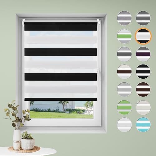 Sanfree Doppelrollo klemmfix ohne Bohren Duo Rollos für Fenster ohne Bohren Weiß-Schwarz B60 x H130cm-Stoffbreite 56cm Fensterrollo Klemmrollos für Fenster und Tür Sonnenschutz & Sichtschutz
