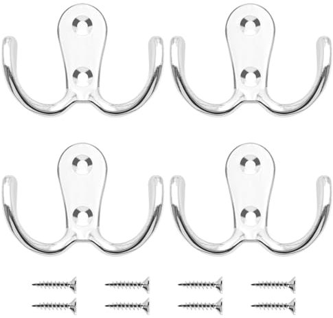 LICQIC Double Prong Robe Hooks, Dual Coat Door Hooks, Double Hook for Hanging Robe, Towel, Coat, Bag, Hat (Silver, 4 Pcs)