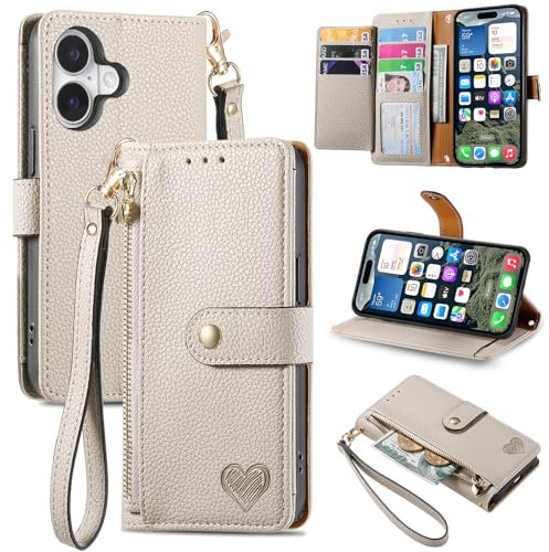 VEEMOS Zipper Wallet Case for Apple iPhone 16 Plus Phone Case with Purse Card Holders RFID Blocking Leather Flip Case Book Cover Wrist Strap Women - Gray