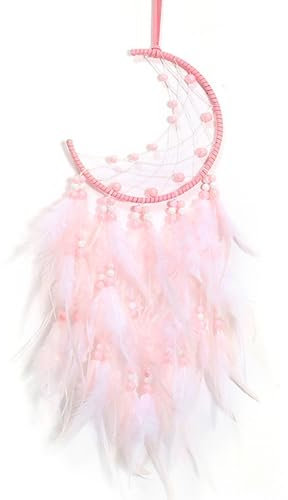 BetterJonny Traumfänger, 55cm Dreamcatcher Vintage Feder Traumfänger Handgefertigt Dream Catchers im Böhmischen Stil für Wandbehang Wohnkultur Ornamente Handwerk Zimmerdekoration Rosa Mond