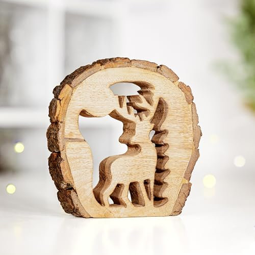 Marco Paul Wooden Reindeer Ornament – 22 cm Mango Wood Figurine – Standing Deer Decoration for Christmas Table, Fireplace, or Mantel Display – Nordic Woodland Festive Home Décor