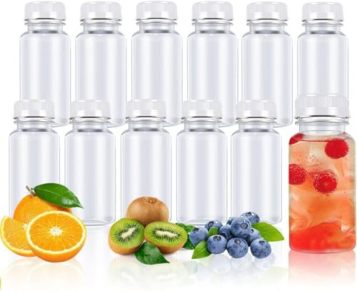 CHAOTEMAI Lot de 12 petites bouteilles en plastique avec couvercle - 100 ml - Petites bouteilles en plastique - Remplissage vide - Bouteilles de jus de fruits - Couvercle - Bouteille de lait - Jus