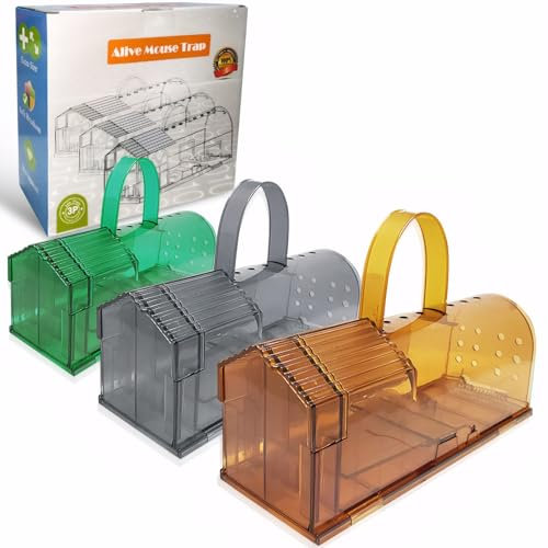 Set von 3 mausefalle lebend- Extra große, Wiederverwendbare lebendfalle Maus, mit Griff für Transport, tierfreundlich, einfach zu reinigen und installieren, Innen- und Außenbereich (braun/grün/grau)