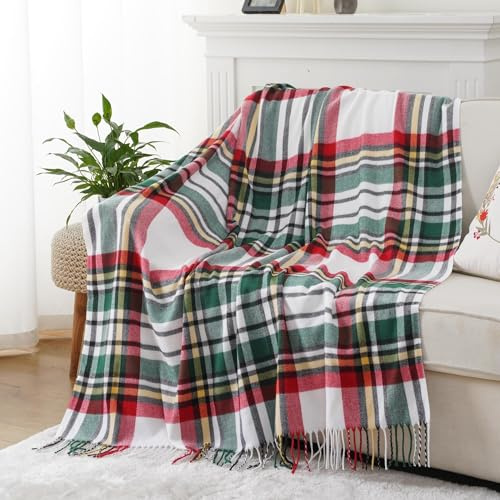 BATTILO HOME White Green Plaid Throw Blanket for Couch Bed,127x152cm | Decorative Red Green Sofa Throws, Buffalo Checkered Plaid Blankets Farmhouse Style for All Seasons Christmas Decor