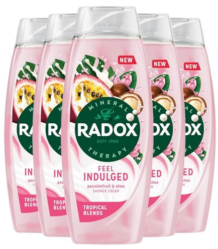Radox Mineral Therapy Feel Indulged Shower Gel Body Wash, Pack of 5, Shower Cream with 4 minerals and 13 herbs, Passionfruit and Shea scent for a Mood-Boosting Experience, 450 ml