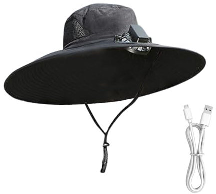 Ruwshuuk Solar Panel Fan Hat, Wide Brim UV Block Cap, UV-Resistant USB Charging Fishing Fan Hat for Beach Garden Outdoor Sports Black