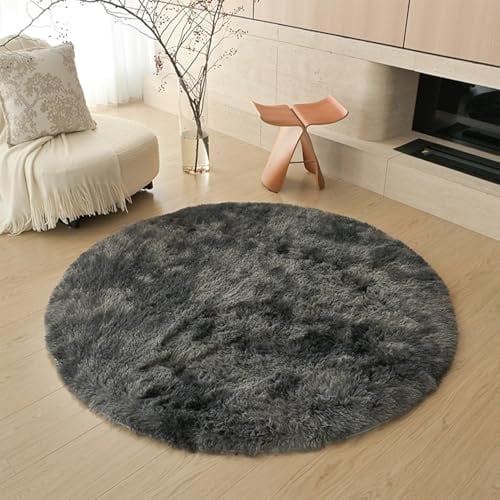 Swsen Rund Teppich Wohnzimmer Super Weich - Shaggy Teppiche Flauschig Anti-Rutsch Unterseite - Moderner Carpet Waschbar Langflor Hochflor Teppiche 60 cm Durchmesser, Tiedye-Dunkegrau