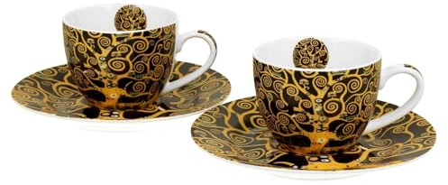 Duo | Tassen Espressotassen Set 2-teilig mit Untertassen 90 ml Porzellan Gustav Klimt Baum des Lebens elegante Kaffeetassen Espresso Design Geschenkidee