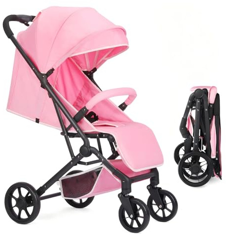 Faltbar Kinder-Buggy Kinderwagen, Regulierbarer 5-Punkt-Sicherheitsgurt, Zusammenklappen mit einer Hand, großes Verdeck, Robuster alle 4 Räder gedämpft, geräumige Sitz, Einkaufskorb (Rosa)