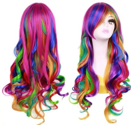 DAJASD Regenbogen Perücke Damen, 28 Zoll/70cm Bunte Perücke Damen mit Perückenhaube, Perücke Bunt Lang Locken, Cosplay Perücke Bunte, Geeignet für Alltag,Cosplay,Halloween,Karneval(Regenbogen Farbe)
