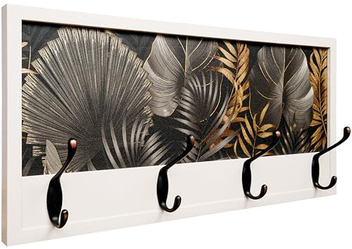 Porte-manteau mural en bois | 52 × 25 cm | Fabriqué en Espagne | 4 crochets doubles (8 crochets) vêtements et manteaux | Design décoratif pour entrée, salon, bureau ou couloir (Jungle Glam Blanc)