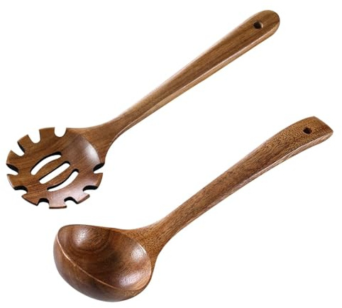 2 Stück Kochlöffel Holz, Holzlöffel mit Spaghettilöffel, Suppenkelle Holz für Kochen, Rühren, Servieren Spaghetti, Suppe, Sauce