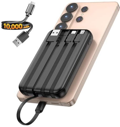 10000mAh Power Bank with 4 Built-in Cables, Fast Charging Portable Charger, All-in-One Battery Pack with USB-C, Lightning and Micro USB Cables for Smartphones, Compact Travel Charger-Smoky