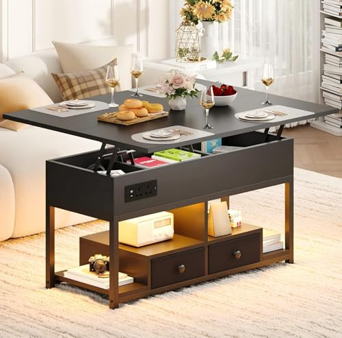 IRONCK Lift Top Coffee Table, Living Room Table with LED Lights, USB and Type-C Ports, Wooden Tea Table with Hidden Storage and 2 Drawers, Convertible Centre Table, 100×80cm, Black