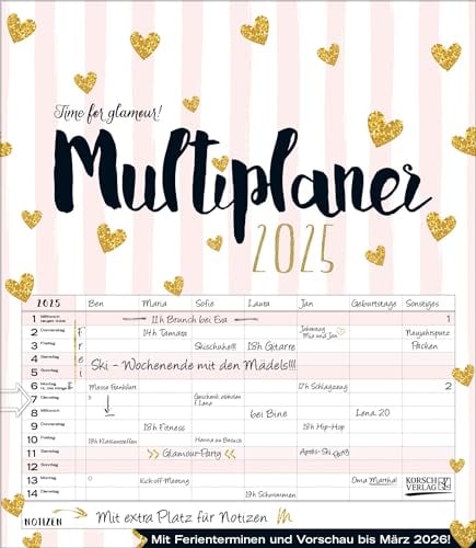 Wandkalender 2025 Multiplaner - Time for glamour: Typo-Art Familienplaner, 7 breite Spalten. Schöner Familienkalender mit Ferienterminen, extra Spalte, Vorschau für 2026 und Herz-Datumsschieber. Form
