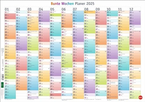 Bunte Wochen Posterplaner 2025: Immer alle Termine im Blick mit dem großen Jahresplaner für die Wand. Neutraler Kalender: das ganze Jahr auf einem Poster (Bürokalender Heye)