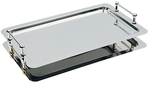 APS 11155 GN 1/1 System-Tablett Buffet Star, Servierplatte, stapelbare und verschraubbar, verschraubte Griffe (vergoldet), inkl. Distanzstücke, 53 x 32,5 cm, Höhe 6,5 cm, Nutzhöhe 4 cm, Edelstahl