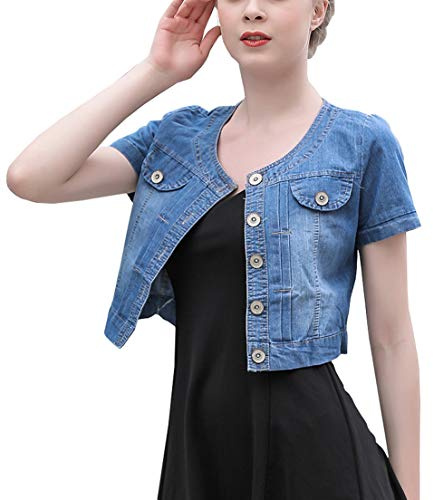 Only Faith Summer Women’s Crew-neck Denim Jacket Short Sleeve Jean Coat Tops (XL, Dark blue)
