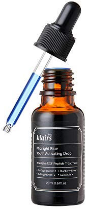DearKlairs Midnight Blue Youth Activating Drop, 0,67 fl oz (20 ml) | Dual-EGF, Peptide, Guaiazulen-Adenosin, Nachtserum, wässrig, leichte Textur